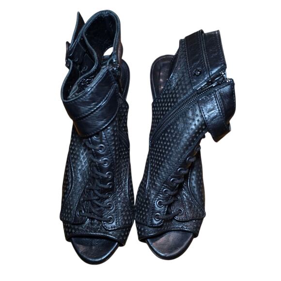 The Kooples Black Leather Peep Toe Cutout Heels Size 38 Lace Up Buckle Booties - Picture 4 of 8